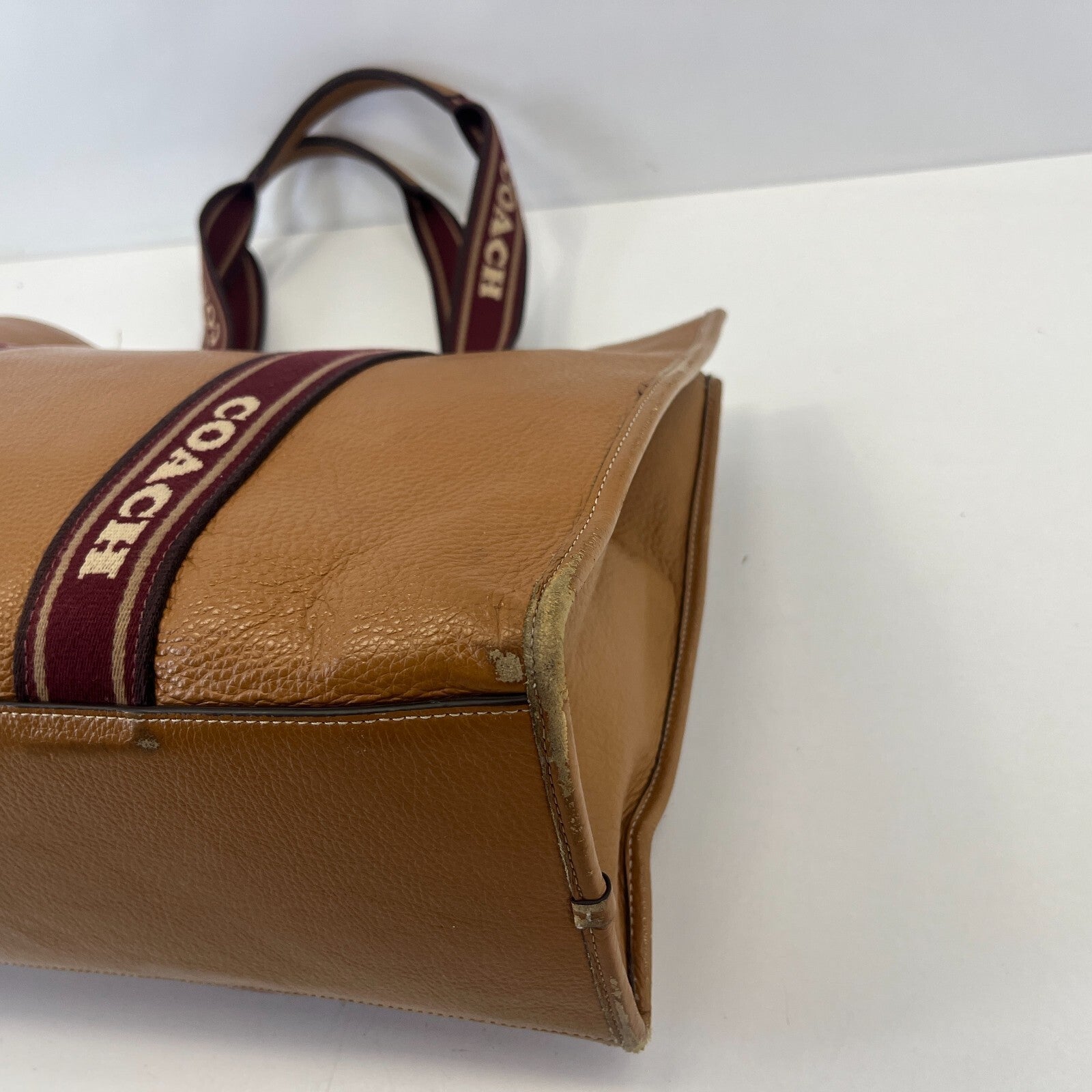 Coach Smith Tote Bag CM716 Tan Pebbled Leather Burgundy Logo Strap