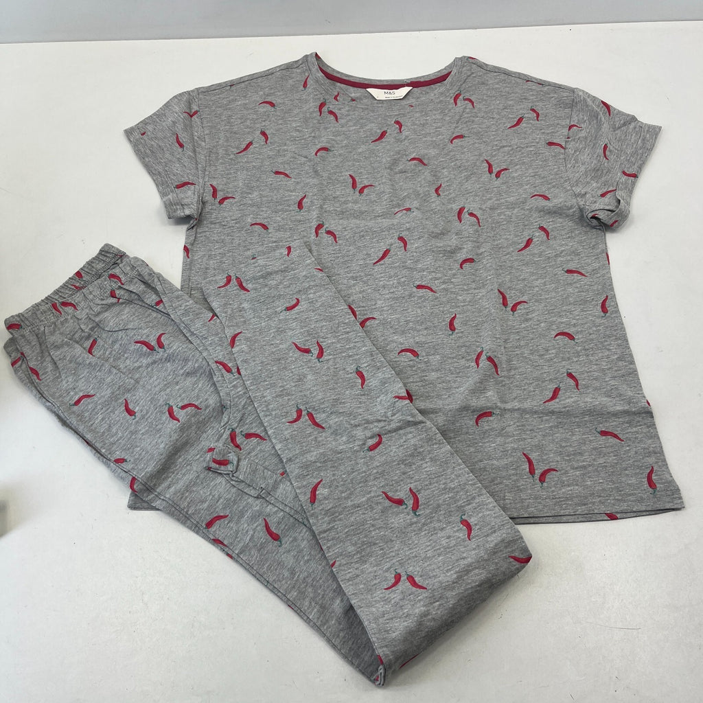 M&S Ladies Pyjama Set size S 8-10 Grey with Chillies Long Leg Short Sleeve  BNWT
