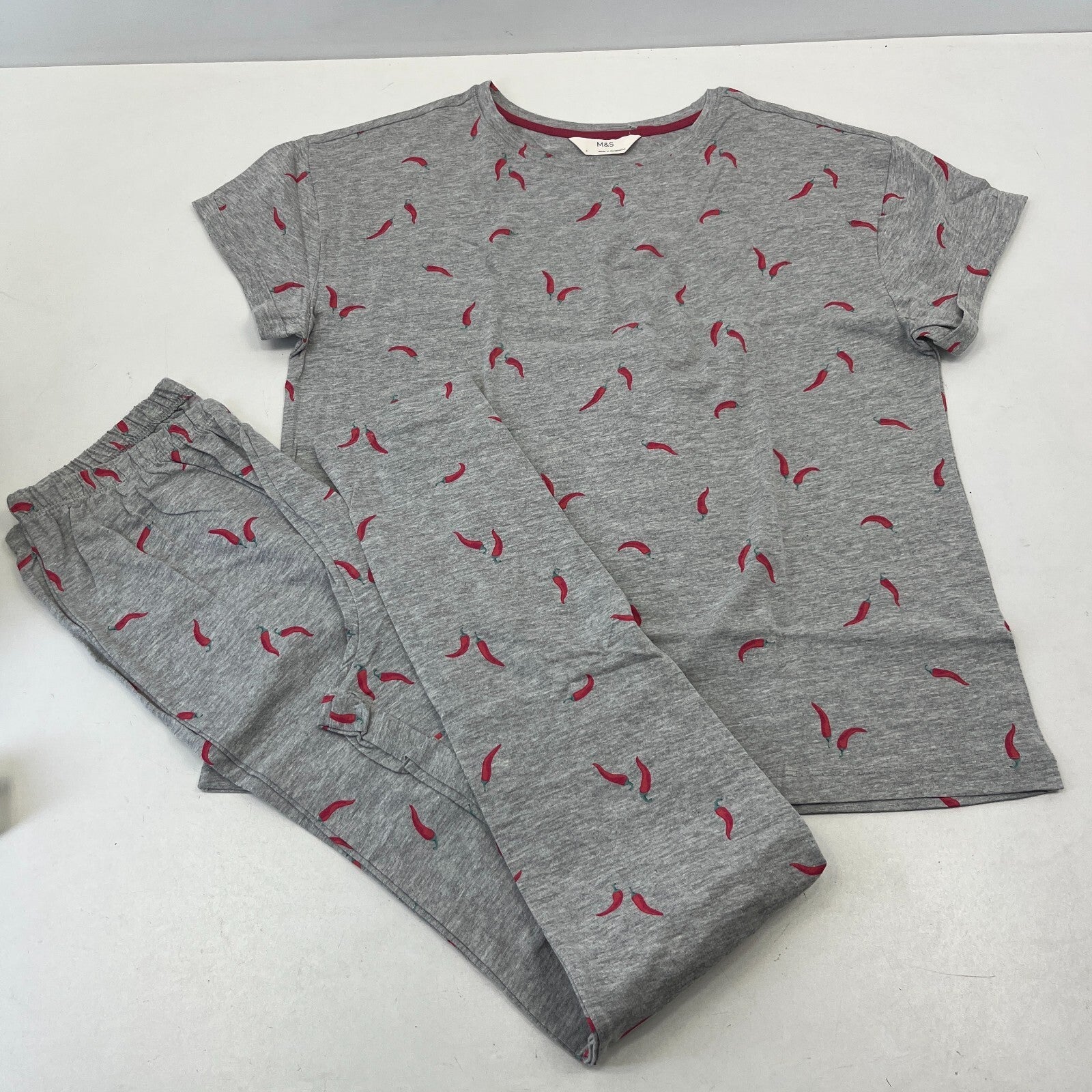 M&S Ladies Pyjama Set size S 8-10 Grey with Chillies Long Leg Short Sleeve  BNWT