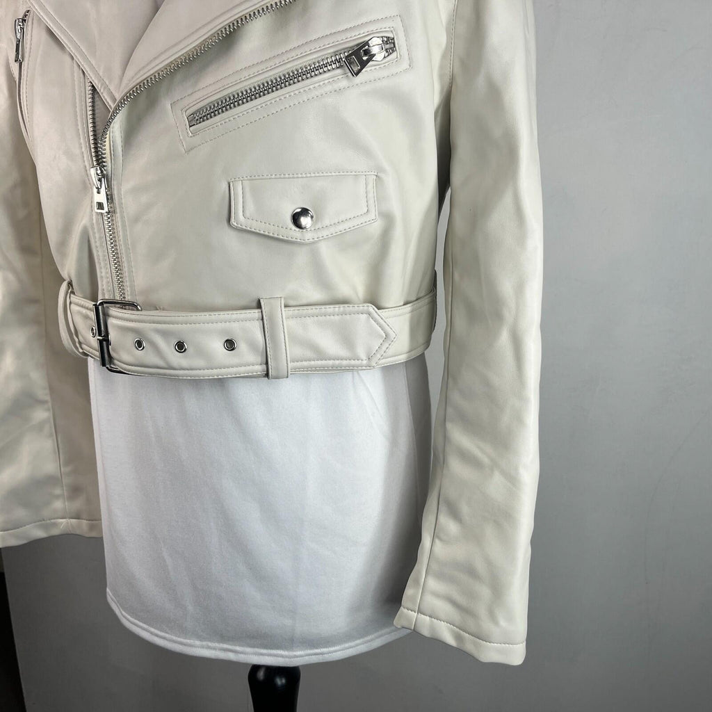 Topshop Zipped Faux Leather Cropped Biker Jacket Ivory White UK Women's size 10