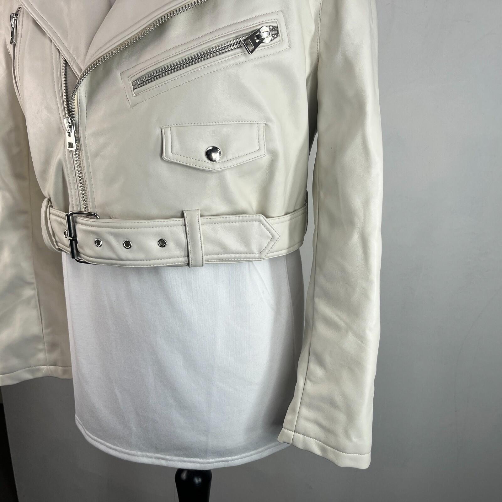 Topshop Zipped Faux Leather Cropped Biker Jacket Ivory White UK Women's size 10
