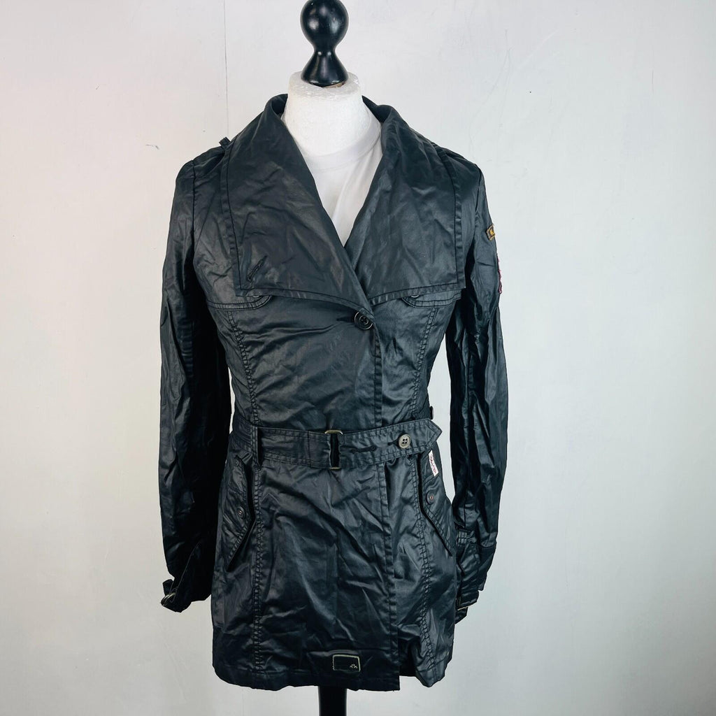 Khujo Womens Wax Cotton Goth Jacket in Black Double Breasted Belted size Large