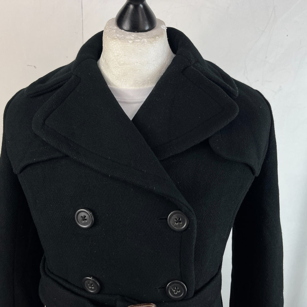 J. Crew Italian Wool Black Pea Coat Jacket Double Breasted + Belt Women’s UK 8