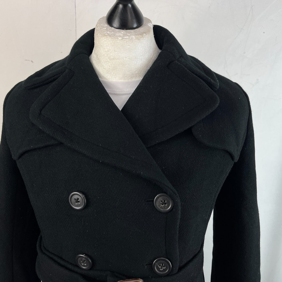 J. Crew Italian Wool Black Pea Coat Jacket Double Breasted + Belt Women’s UK 8