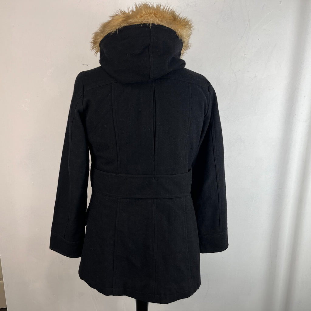 American Eagle Women's Black Duffle Parka Coat Hooded Faux Fur Trim size L