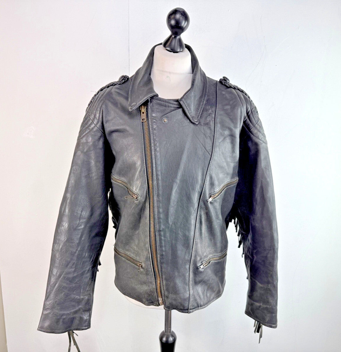 Vintage Difi of Germany Tasselled Leather Jacket Black Cruiser Cafe Racer UK 42