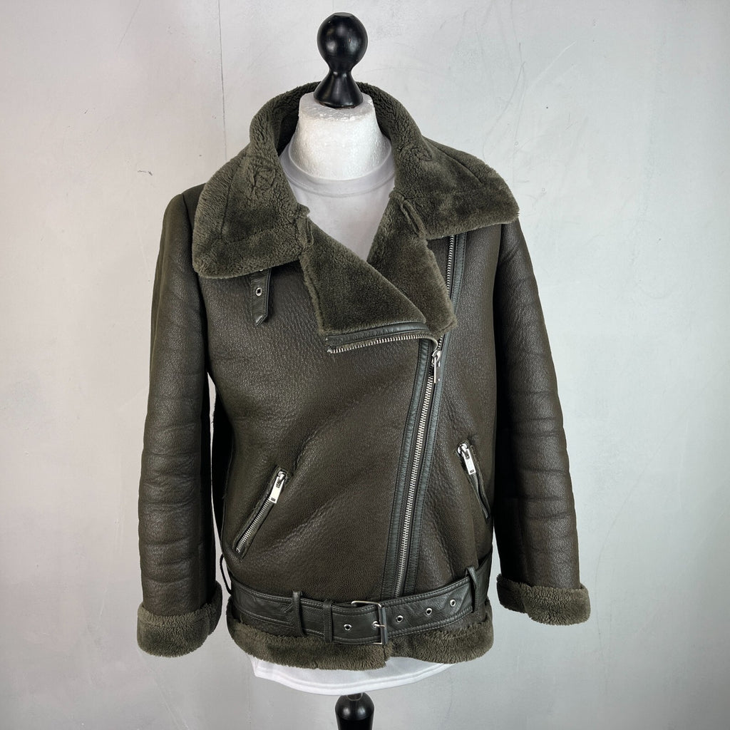Zara Brown Faux Shearling Fur Lined Jacket Aviator Brown with Belt size Medium