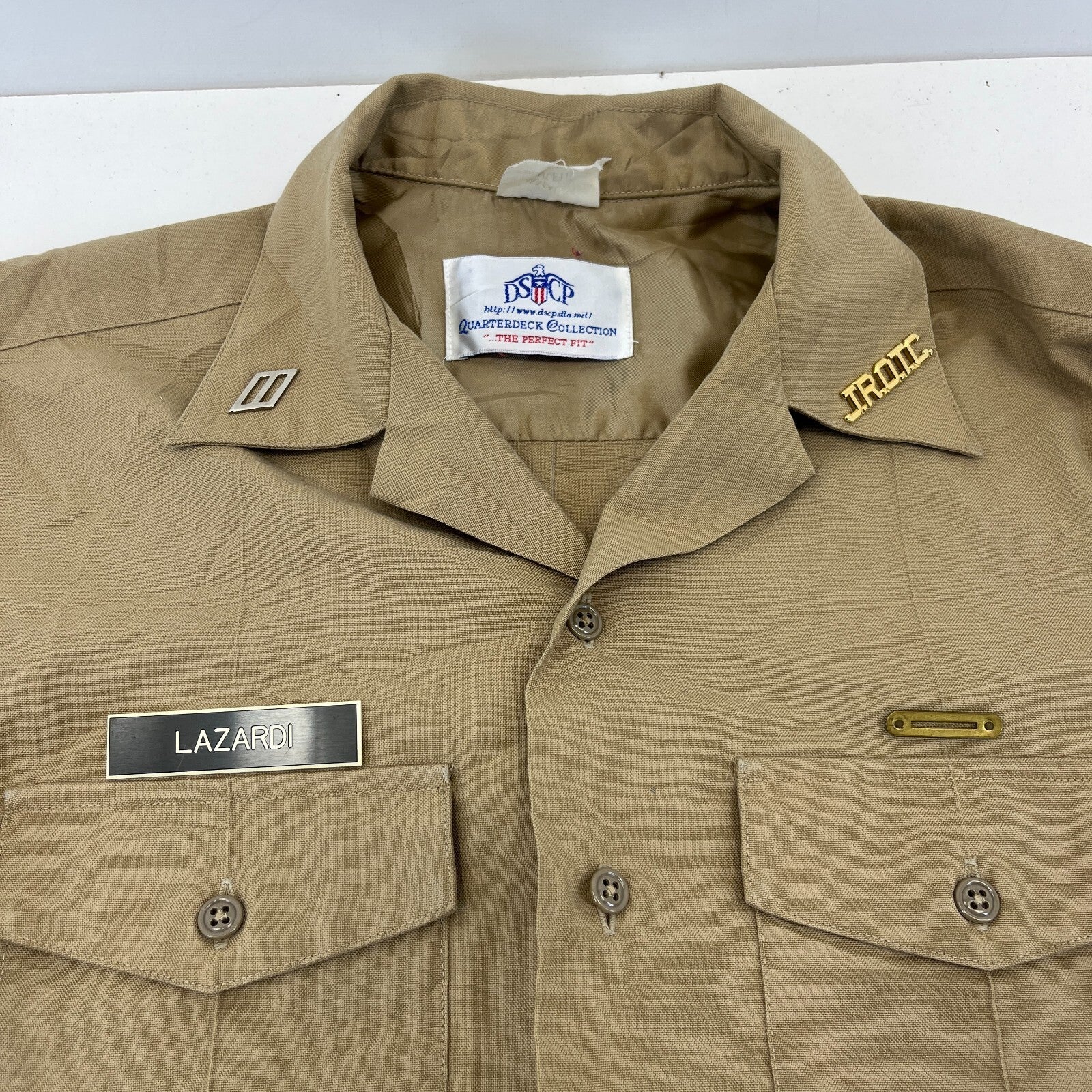 US Navy JROTC Khaki Brown Shirt with Badges size Small
