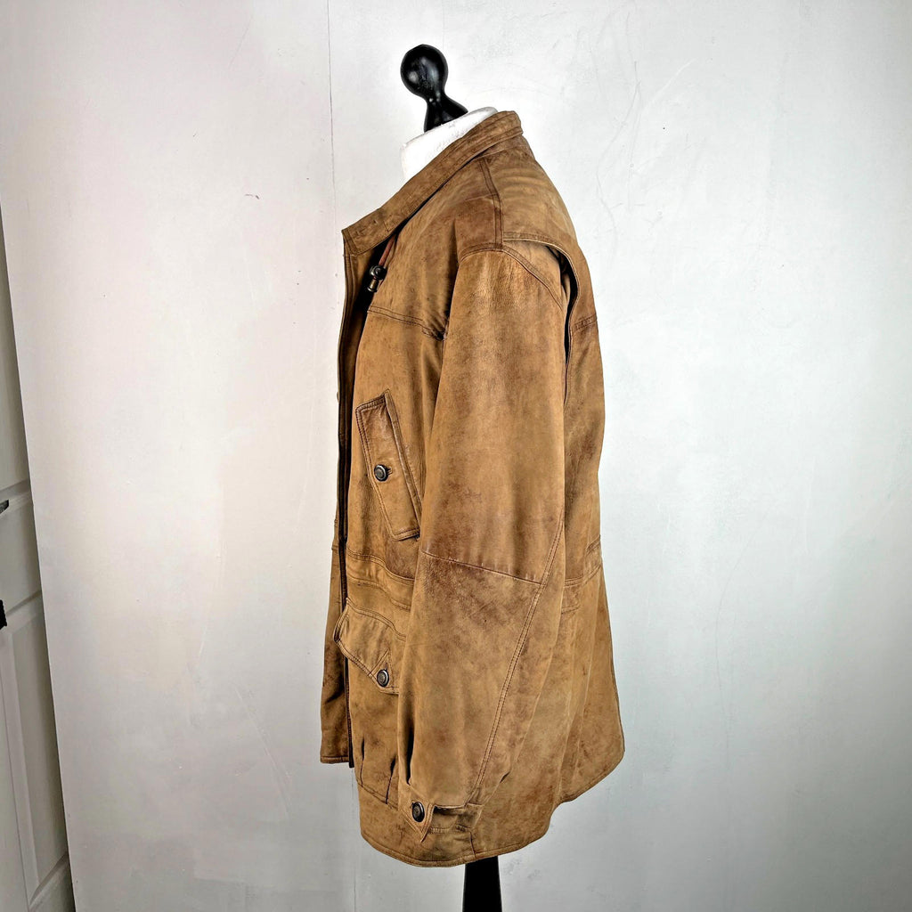 Lakeland Men’s Leather Jacket Long Distressed Look Tan Brown UK size 46