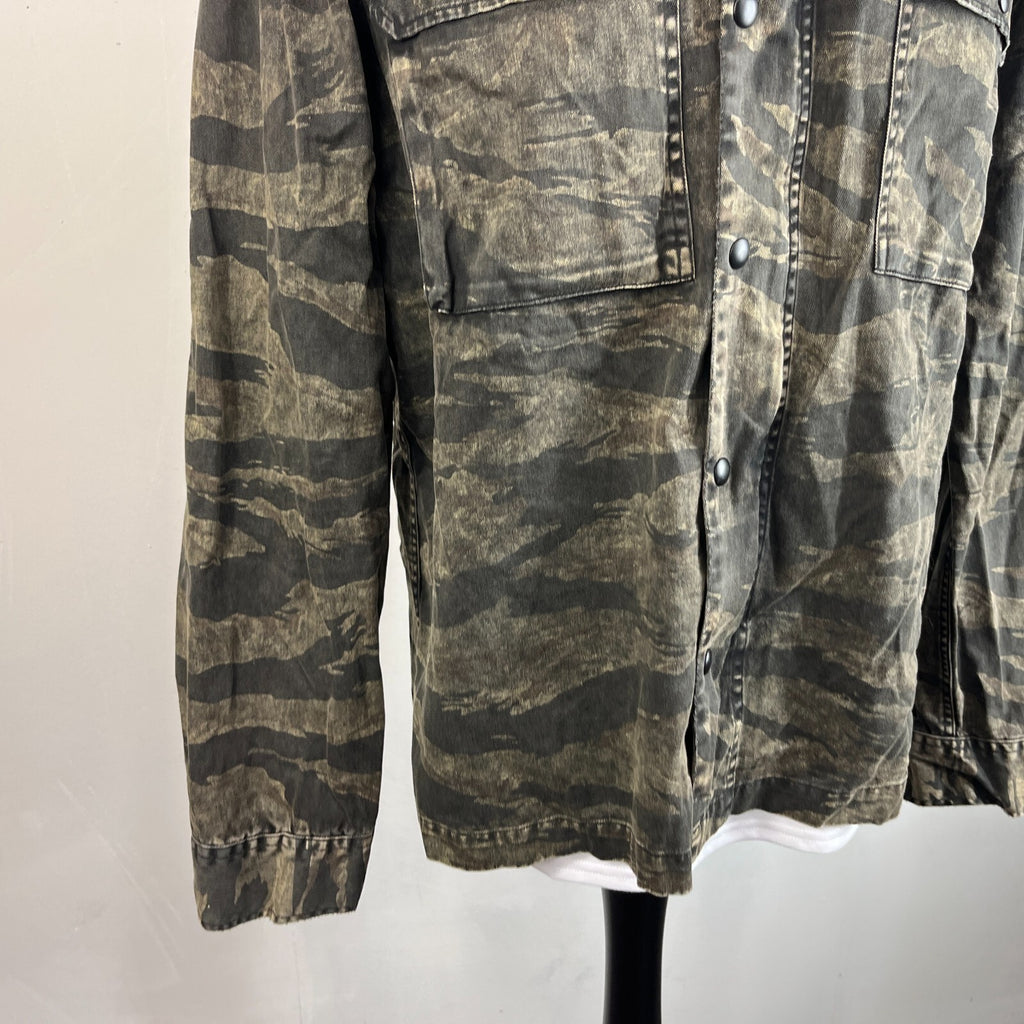 AllSaints Denim Jacket Men's size XL Relaxed Fit Distressed Tiger Camo