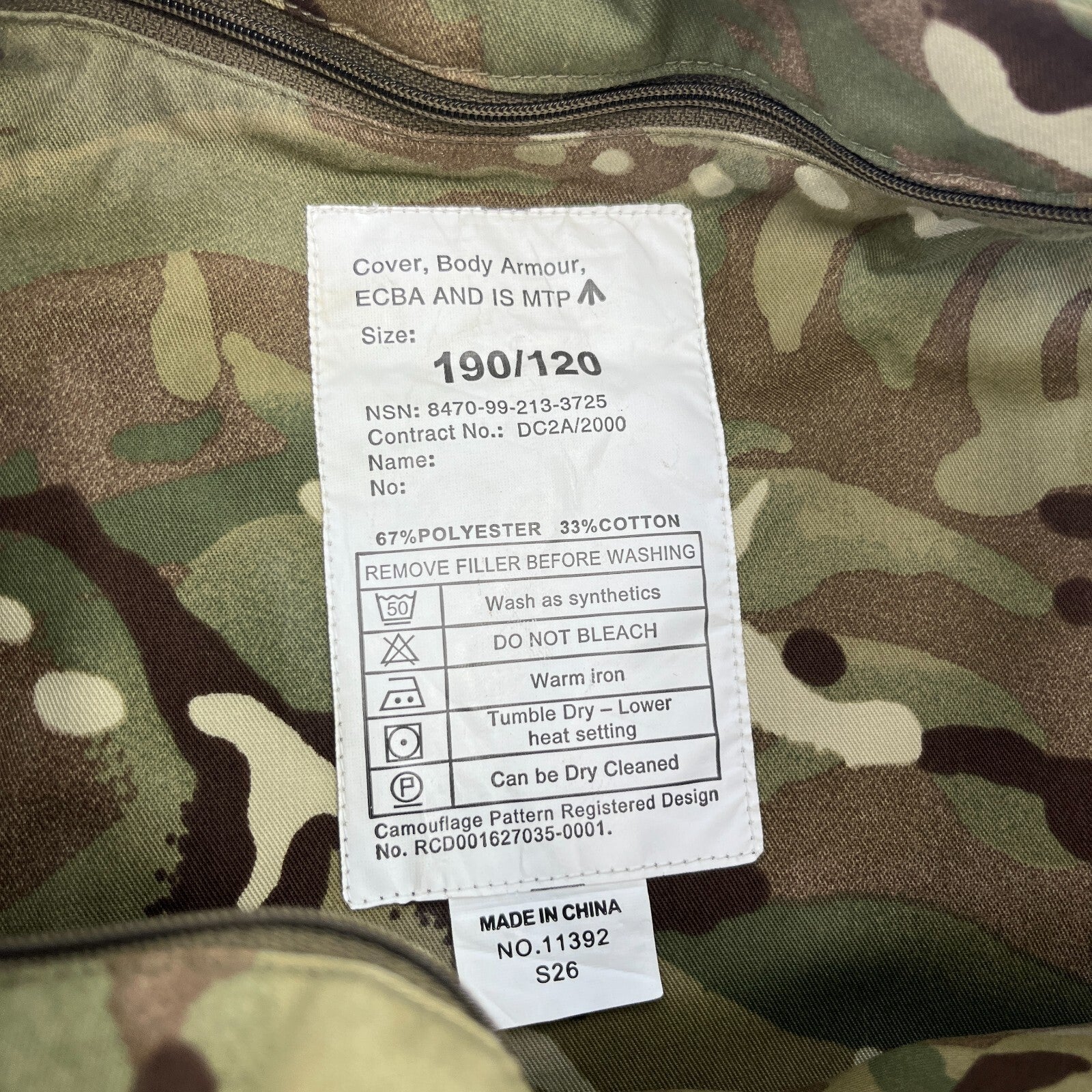 British Army MTP Body Armour Cover ECBA & IS Plate Carrier Vest - size 190/120