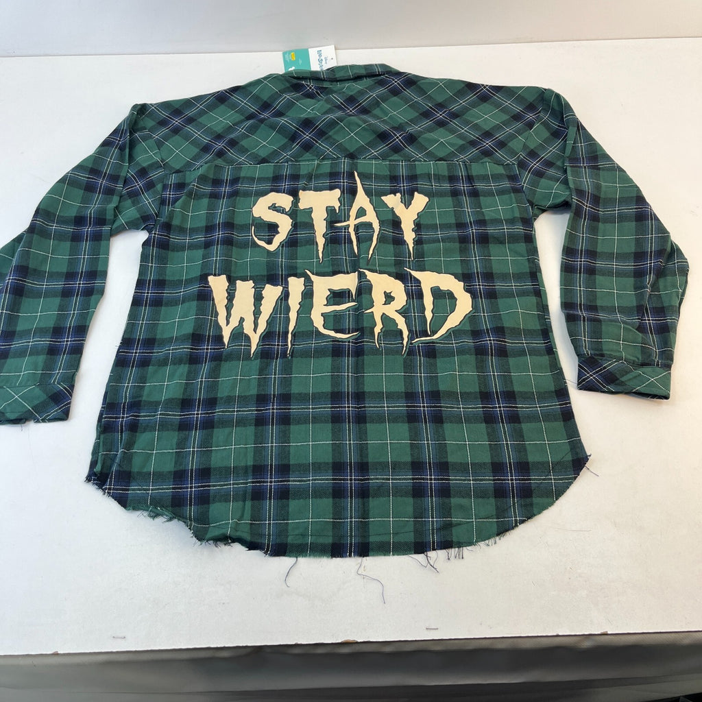 Disney Lilo & Stitch Mens "Stay Weird" Button Up Shirt Check Green Frayed Hem M