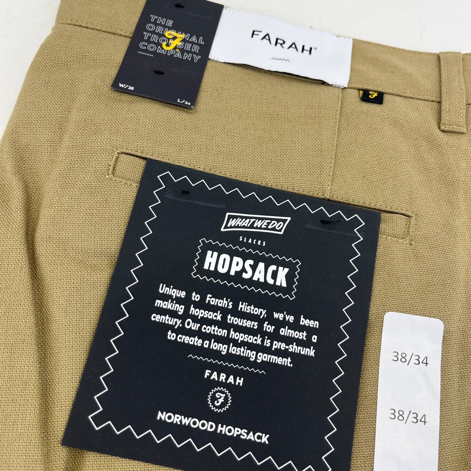 Farah Norwood Hopsack 100% Cotton Trousers Regular Fit W38" L34" Khaki Beige
