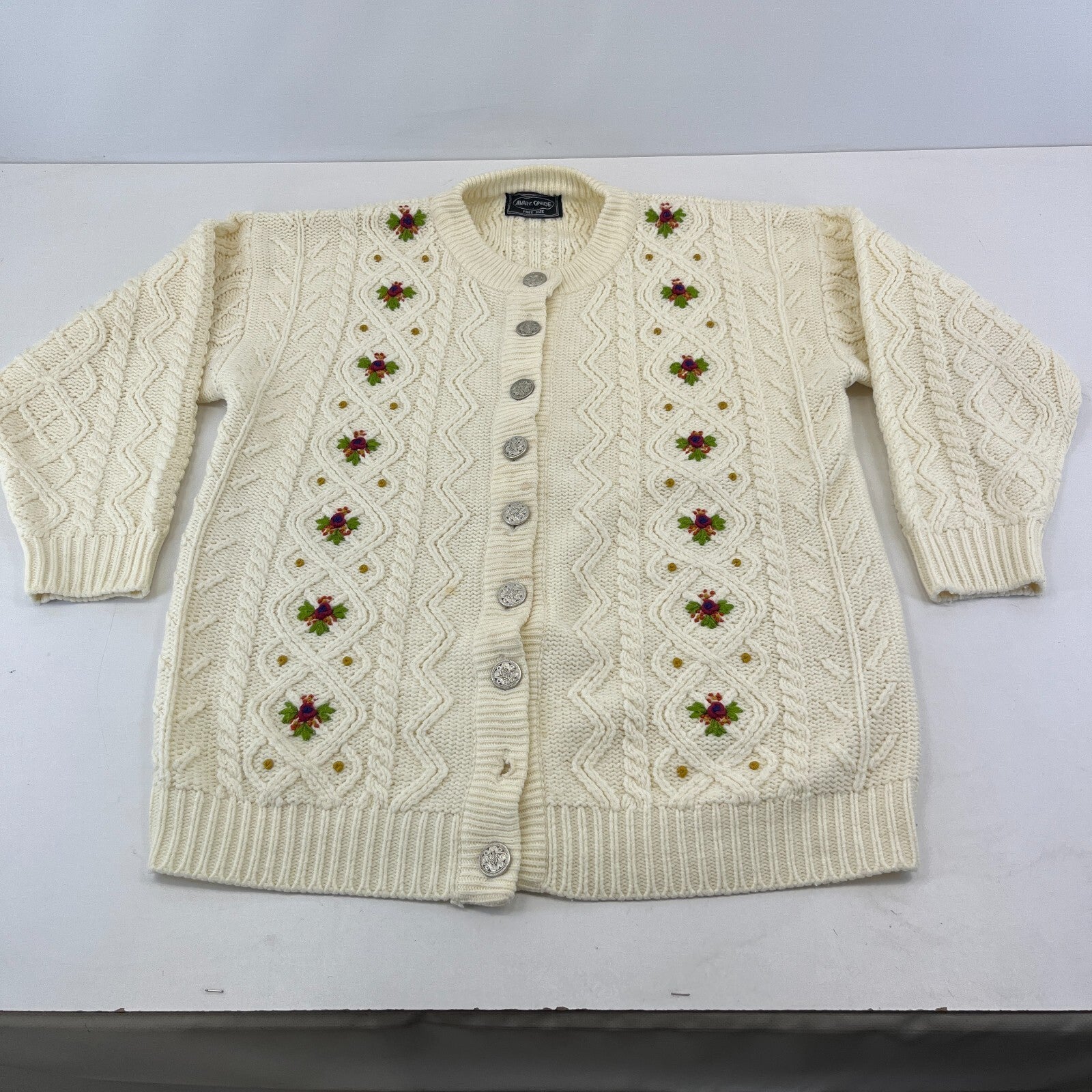 Avant Garde Cream & Floral Pattern Cardigan Cable Knit size XL - See Details