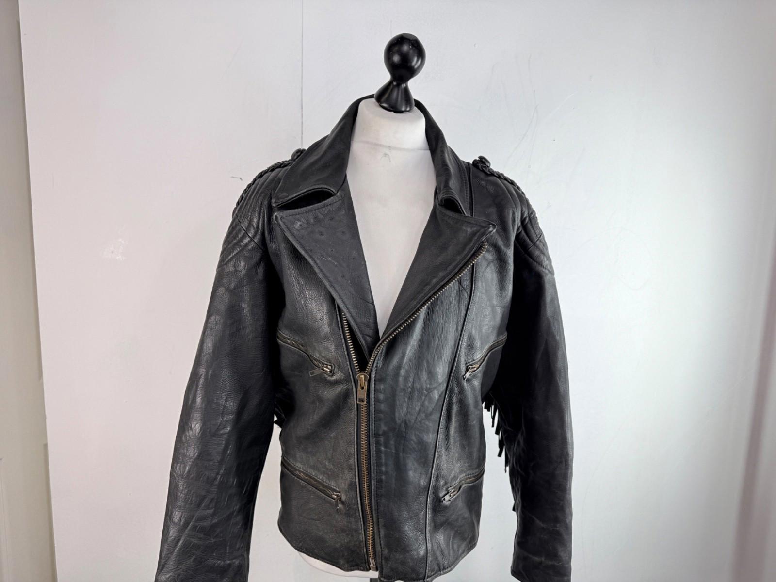 Vintage Difi of Germany Tasselled Leather Jacket Black Cruiser Cafe Racer UK 42
