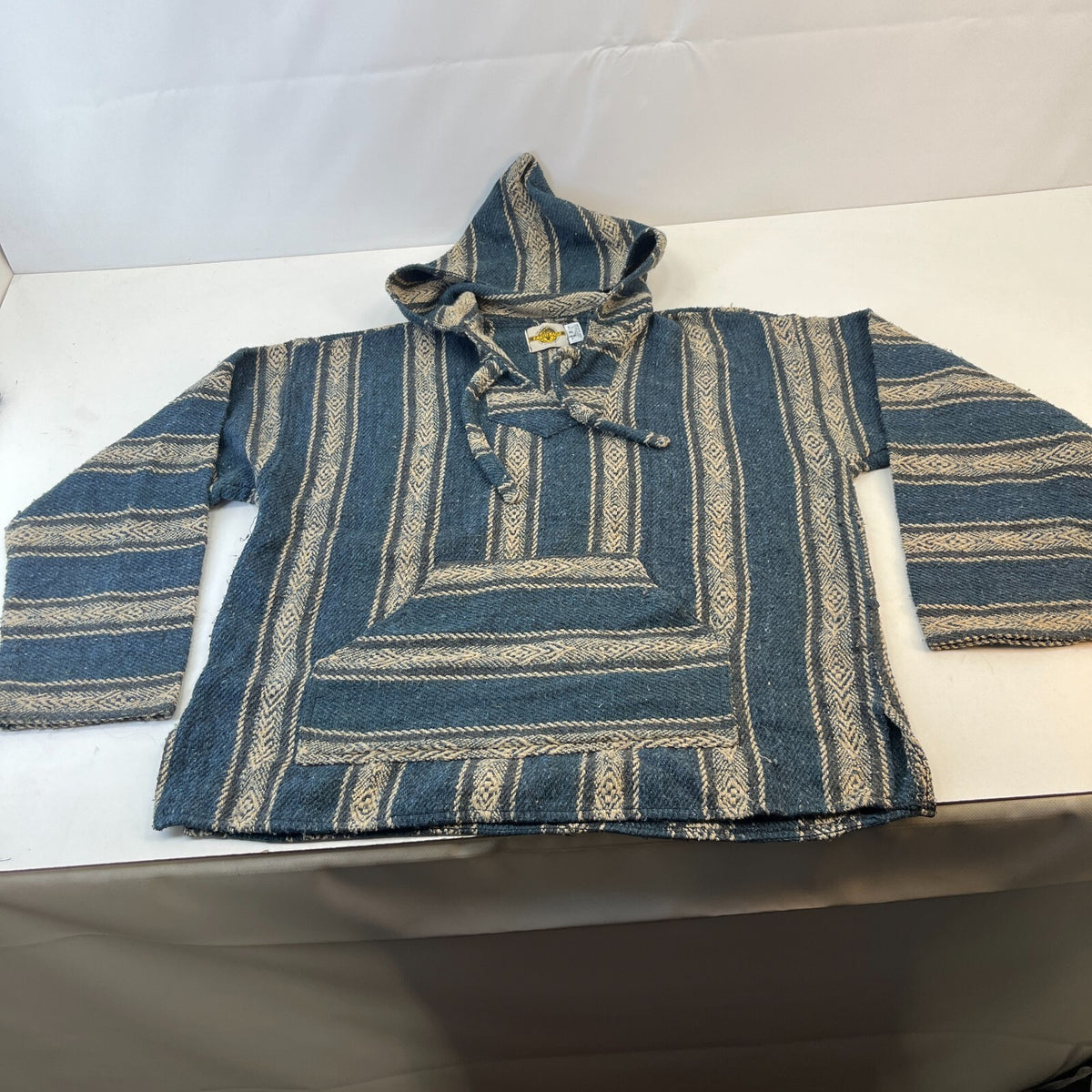 Genuine Earth Ragz Mexican Baja Hoodie Pullover Hippie Festival Blue Stripe XL