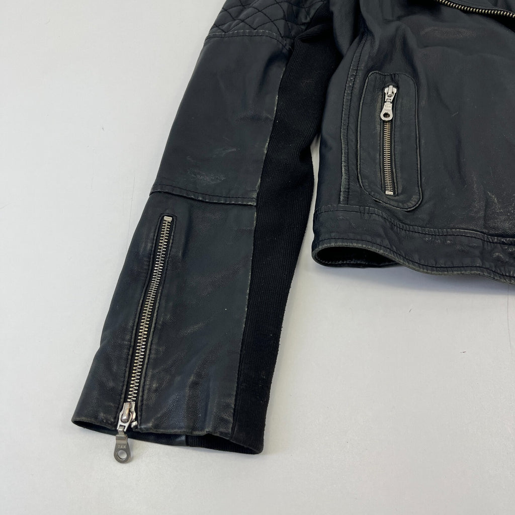 Whistles Distressed Look Leather Jacket Biker Black Boyfriend Zip Cuffs size 10