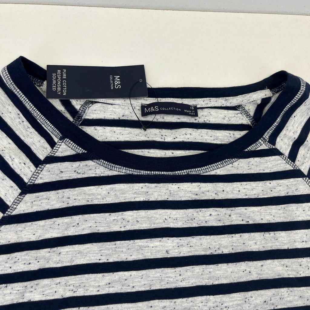 M&S Women's Crew Neck Top White & Navy Blue Striped Long Sleeve size 16 - New