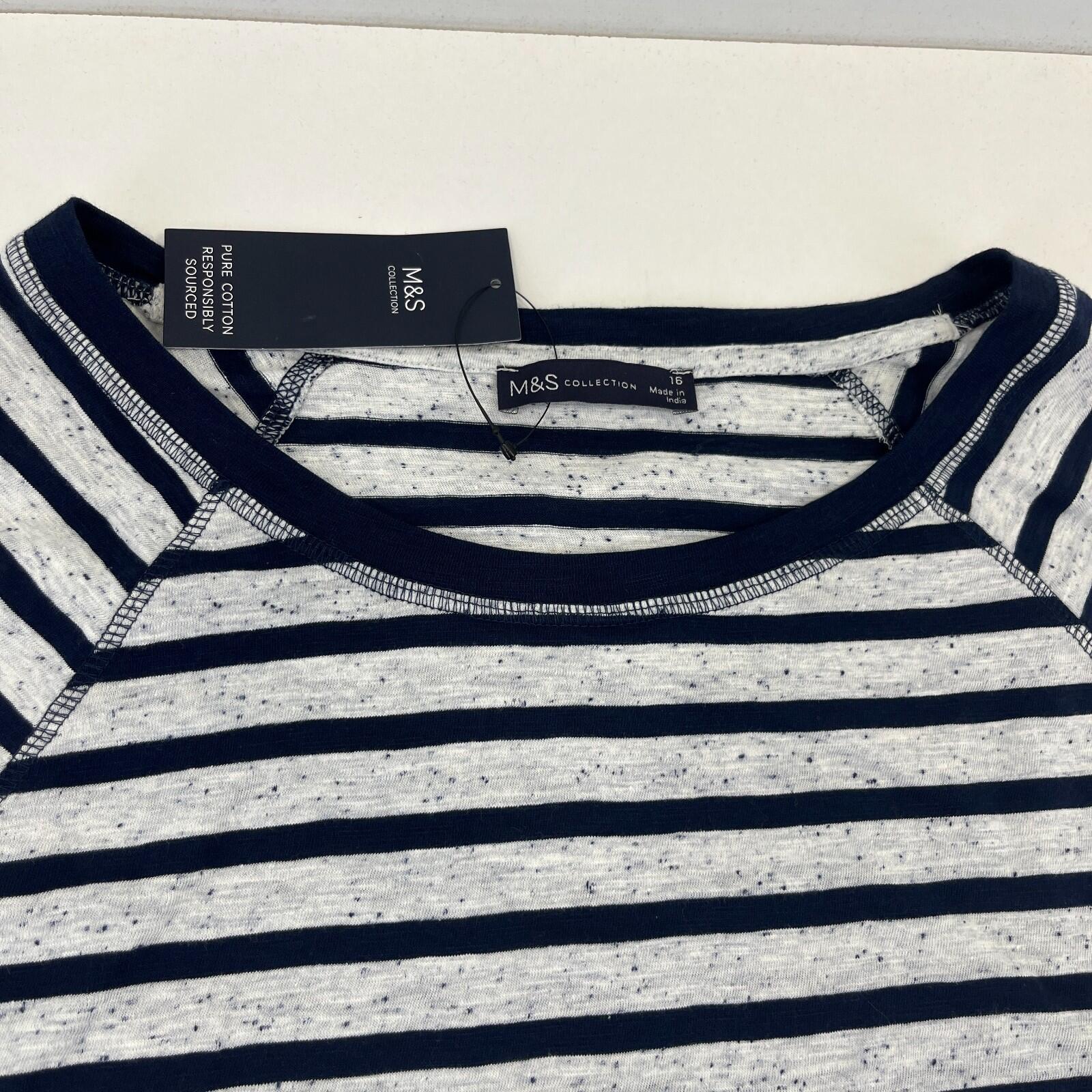 M&S Women's Crew Neck Top White & Navy Blue Striped Long Sleeve size 16 - New