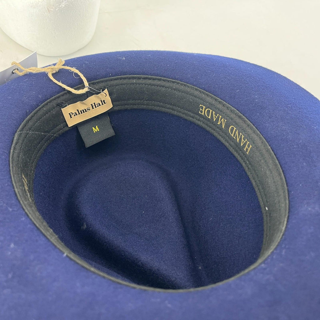 Palms Halt 100% Wool Handmade Textured Fedora Hat in Navy Blue size M 56