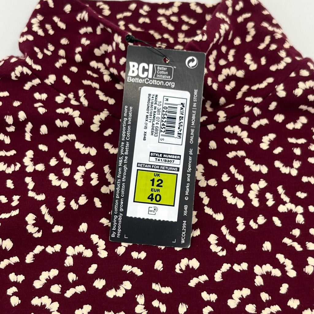 M&S Collection Women's Turtle Neck Top Burgundy & White Long Sleeve Tee size 12