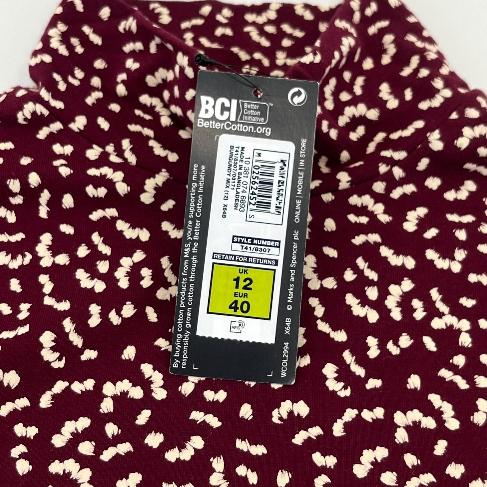 M&S Collection Women's Turtle Neck Top Burgundy & White Long Sleeve Tee size 12