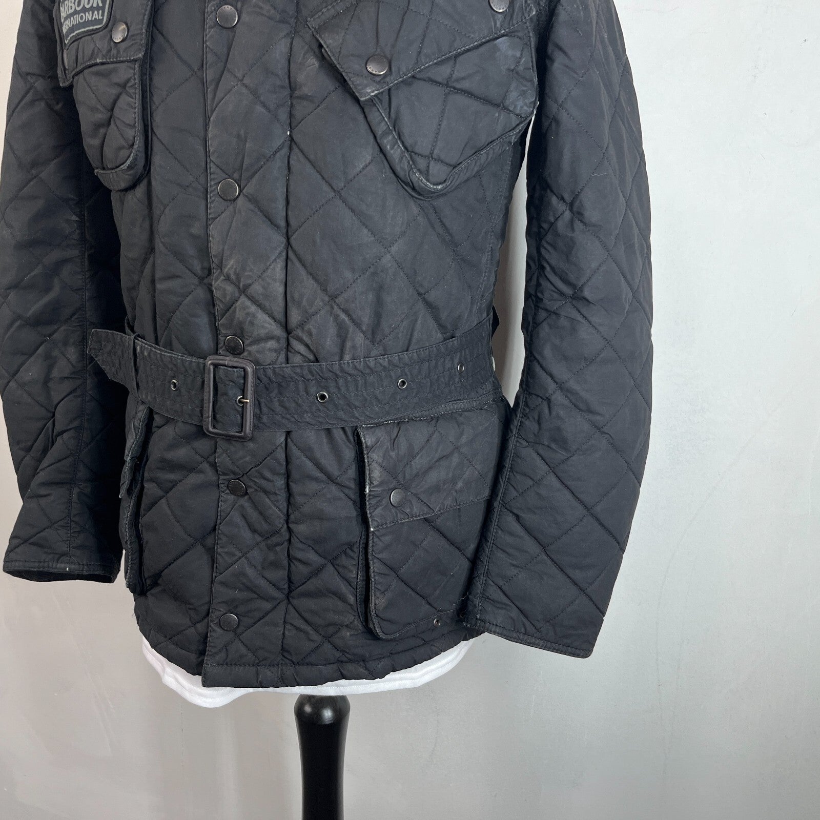 Barbour International Quilted Waxed Cotton Jacket Black with Belt Band Collar S