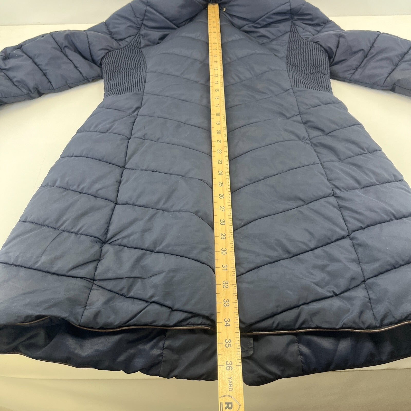 Joules Warm Welcome Long Quilted Jacket Navy Blue with Faux Fur Fringe size 14
