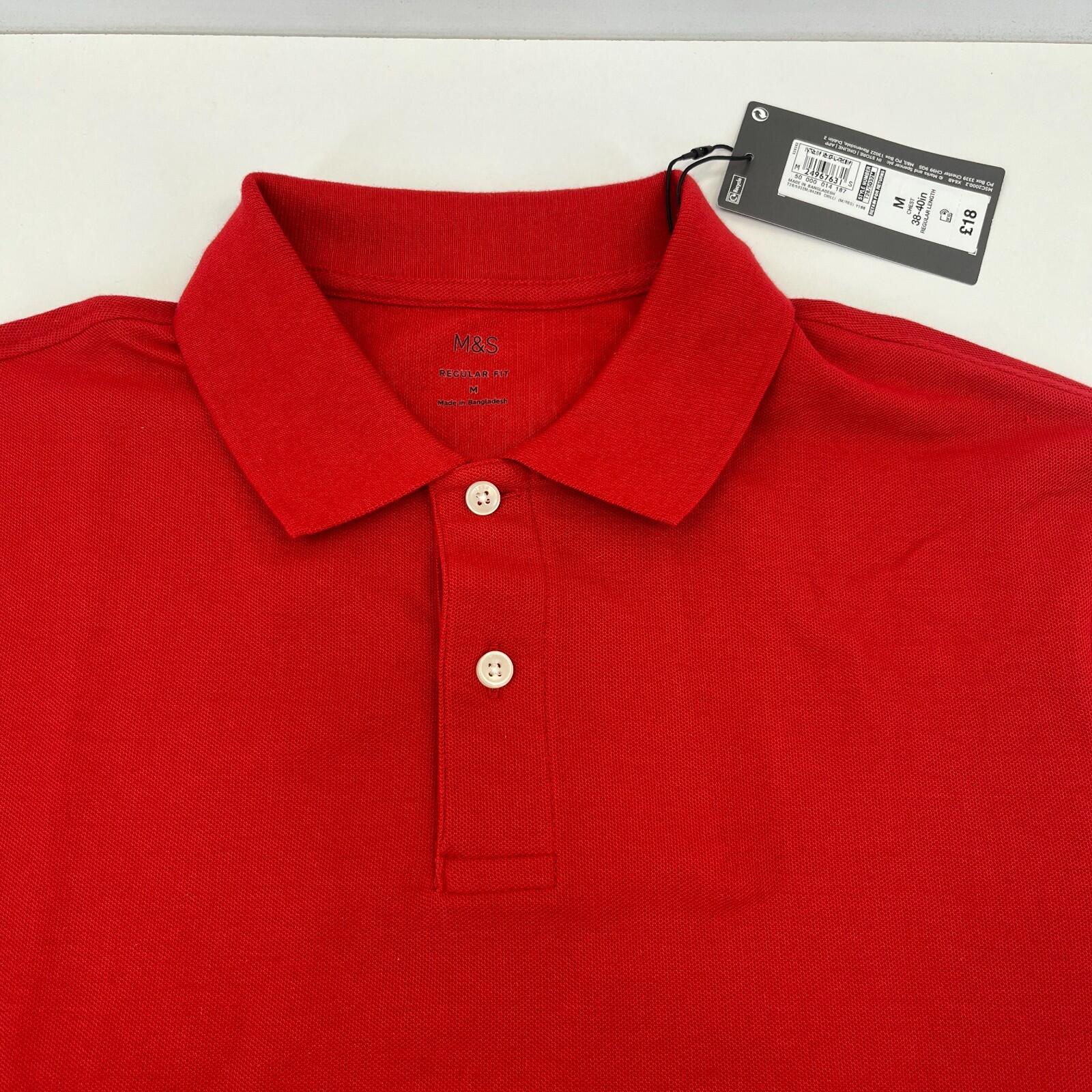 M&S Mens Red Short Sleeve 100% Cotton Polo Shirt Top size Medium Regular Fit