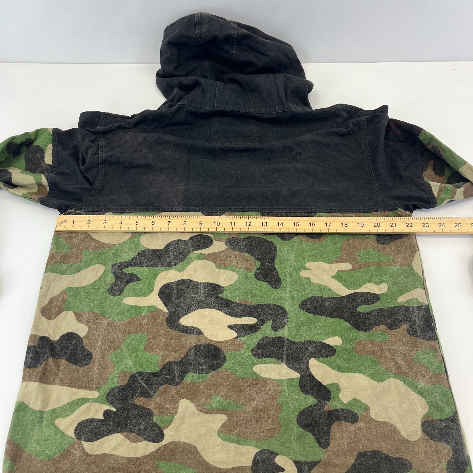 CSBL Mens Hooded Pullover Distressed Look Denim Jacket Black & Camo size S