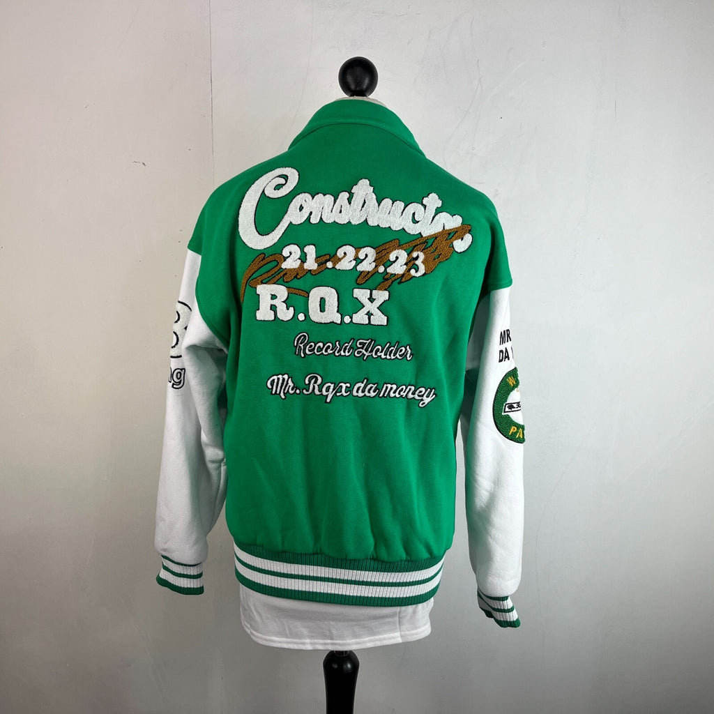 Rocqer-X Women's Green & White Embroidered Varsity Jacket size 2XL