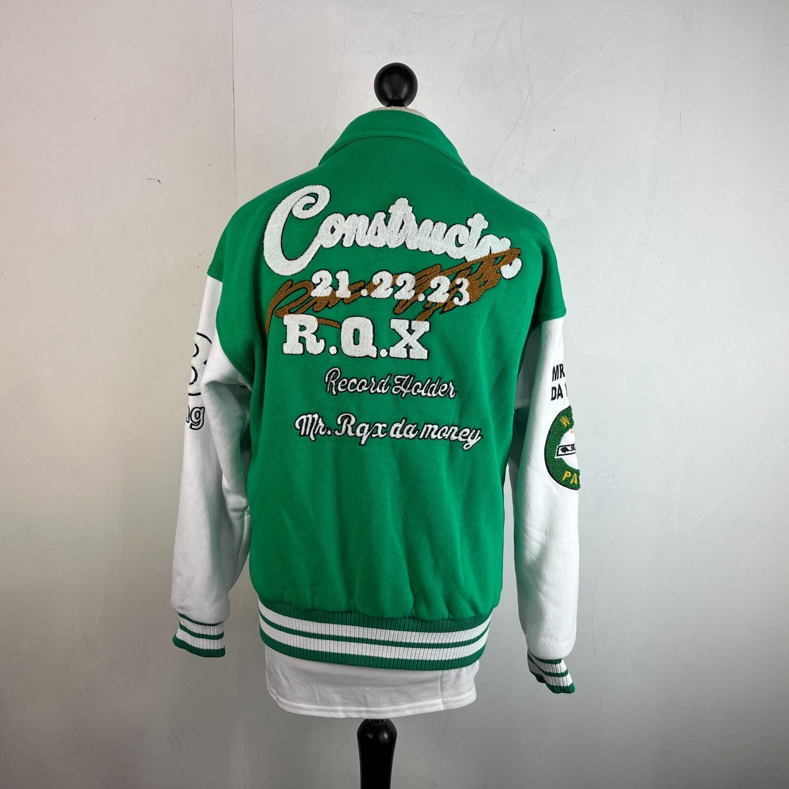 Rocqer-X Women's Green & White Embroidered Varsity Jacket size 2XL