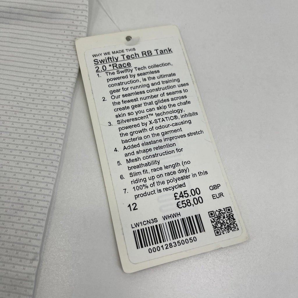 Lululemon Swiftly Tech Racerback Tank Top 2.0 White size UK 16 US 12 - New