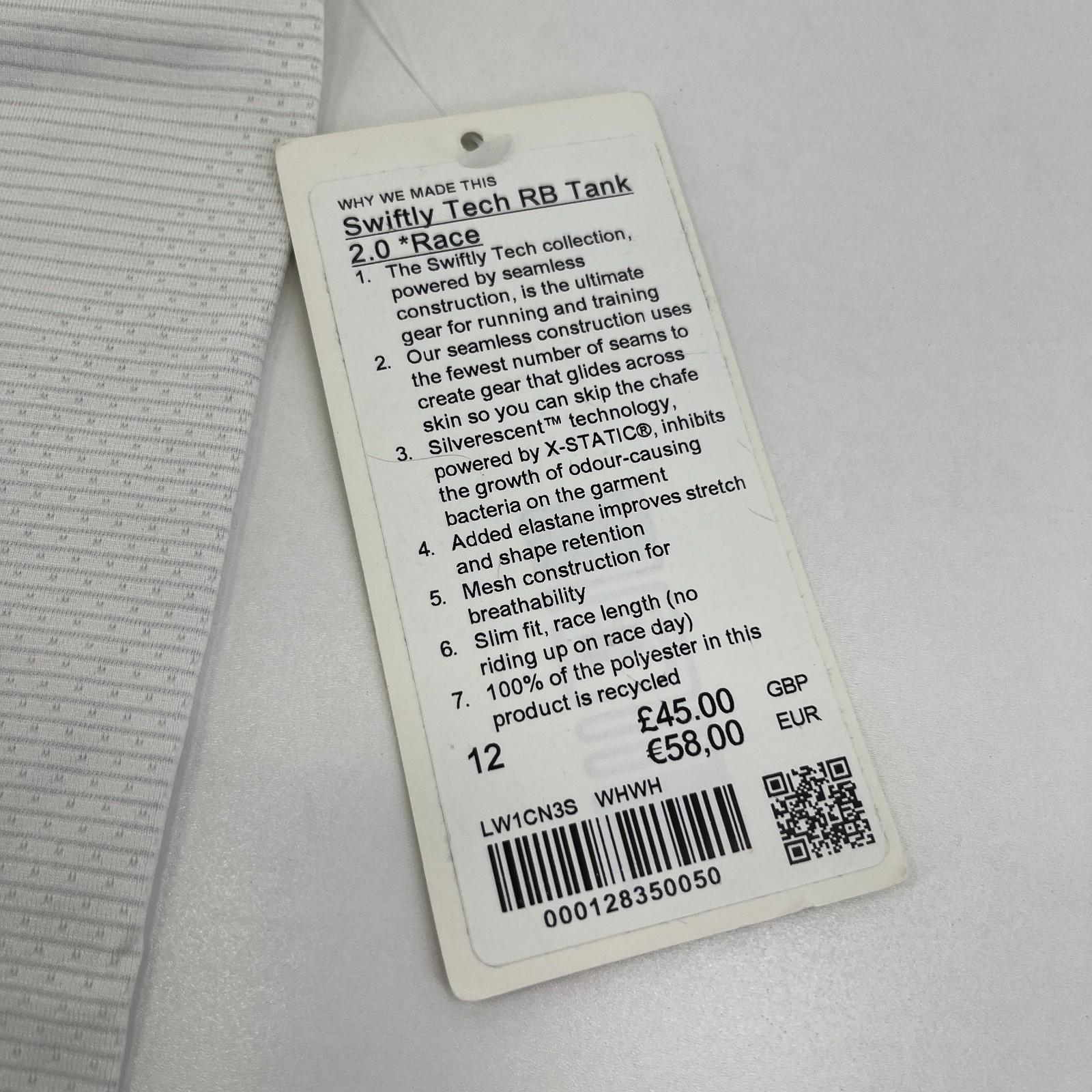 Lululemon Swiftly Tech Racerback Tank Top 2.0 White size UK 16 US 12 - New
