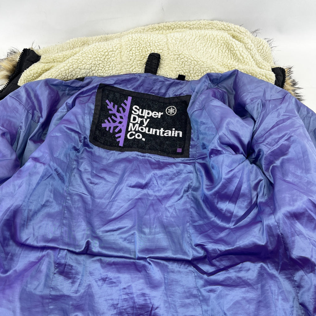 Superdry Mountain Co Mid Faux Fur Puffer - Size XL Grey Hooded  Coat