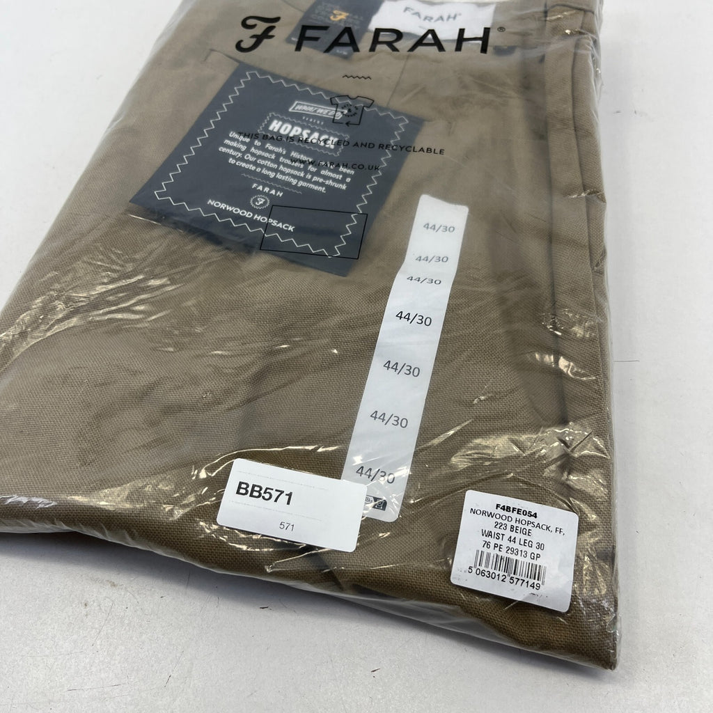 Farah Norwood Hopsack 100% Cotton Trousers Regular Fit W44" L30" Khaki Beige
