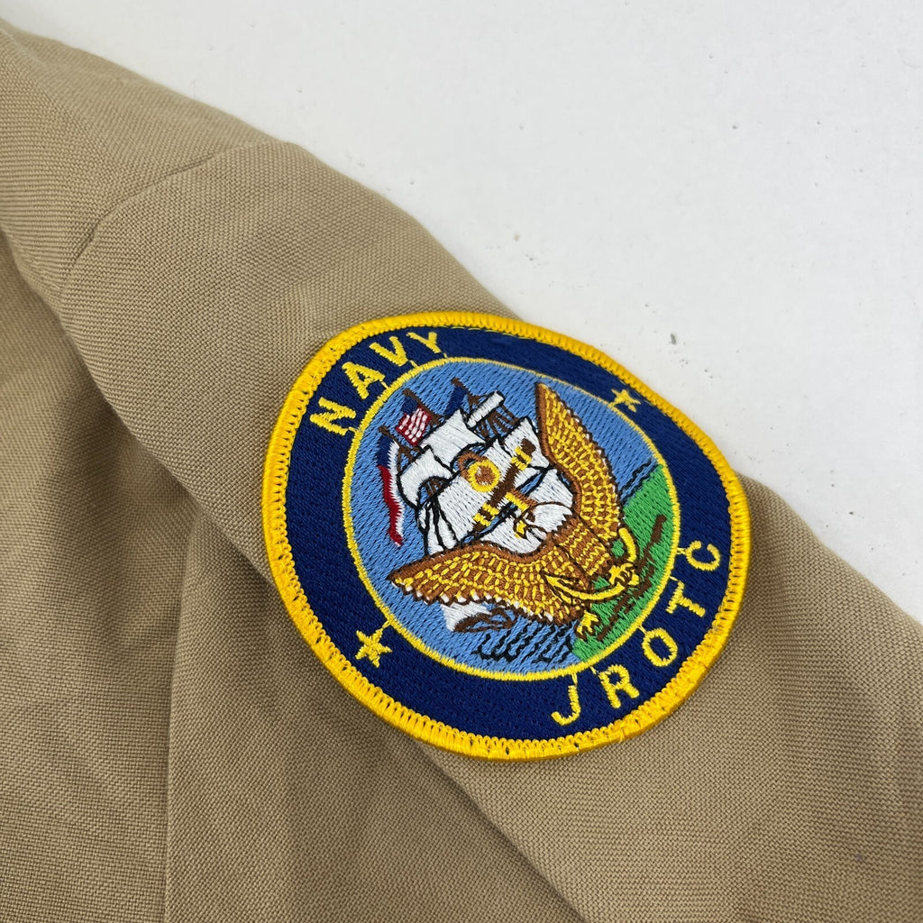 US Navy JROTC Khaki Brown Shirt with Badges size Small