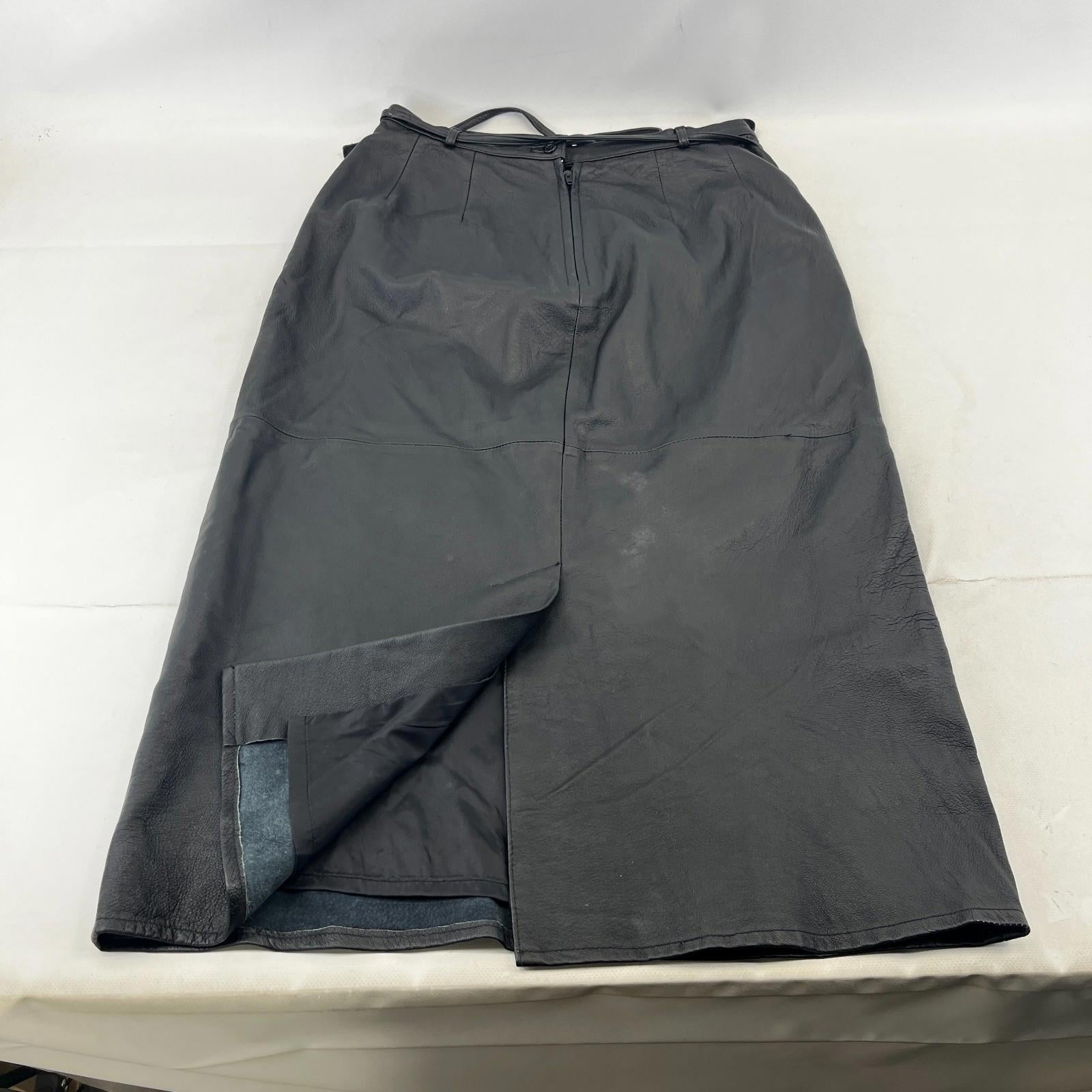 Agenda Genuine Leather Midi Skirt in Black Women's size 14 with Tie Belt