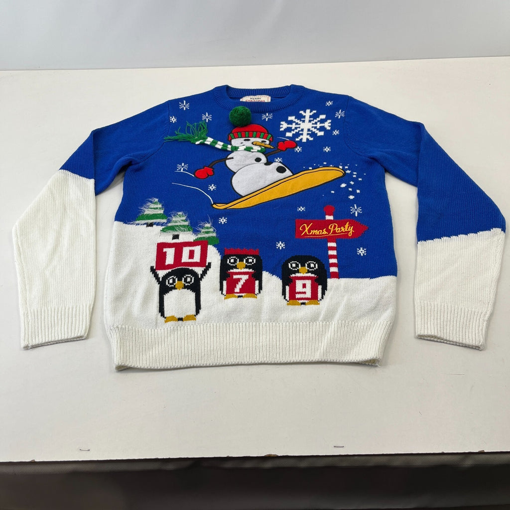 Next Snowman on a Snowboard Christmas Jumper size Small Unisex - Blue/White