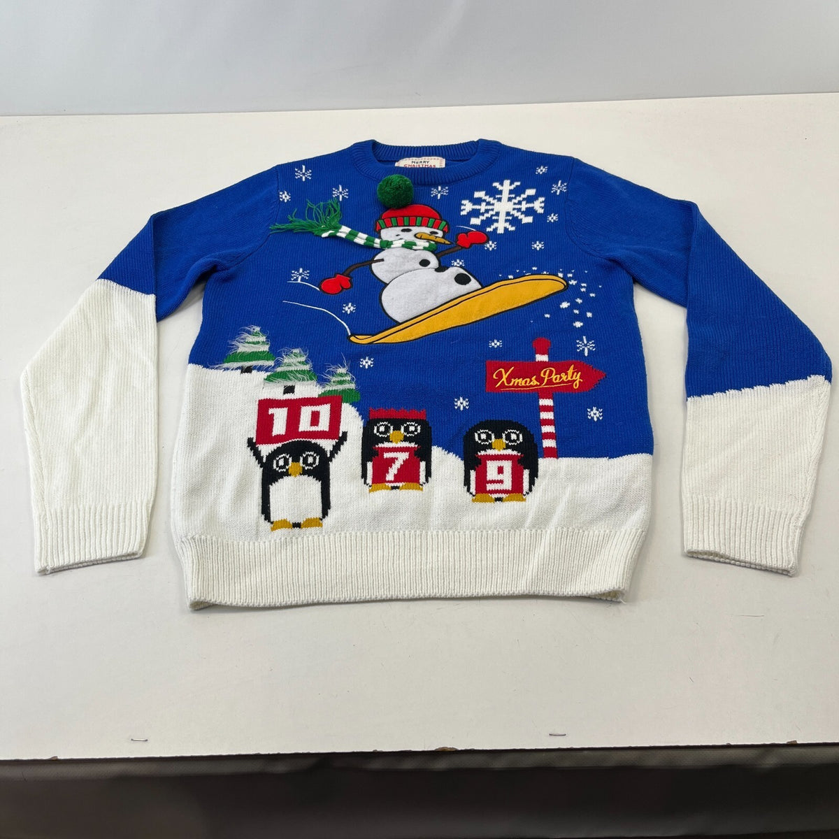 Next Snowman on a Snowboard Christmas Jumper size Small Unisex - Blue/White