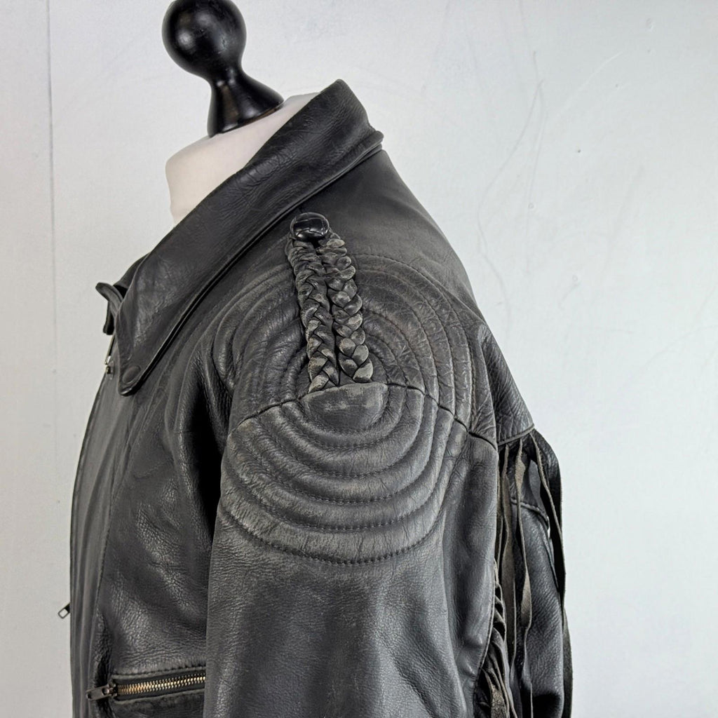Vintage Difi of Germany Tasselled Leather Jacket Black Cruiser Cafe Racer UK 42
