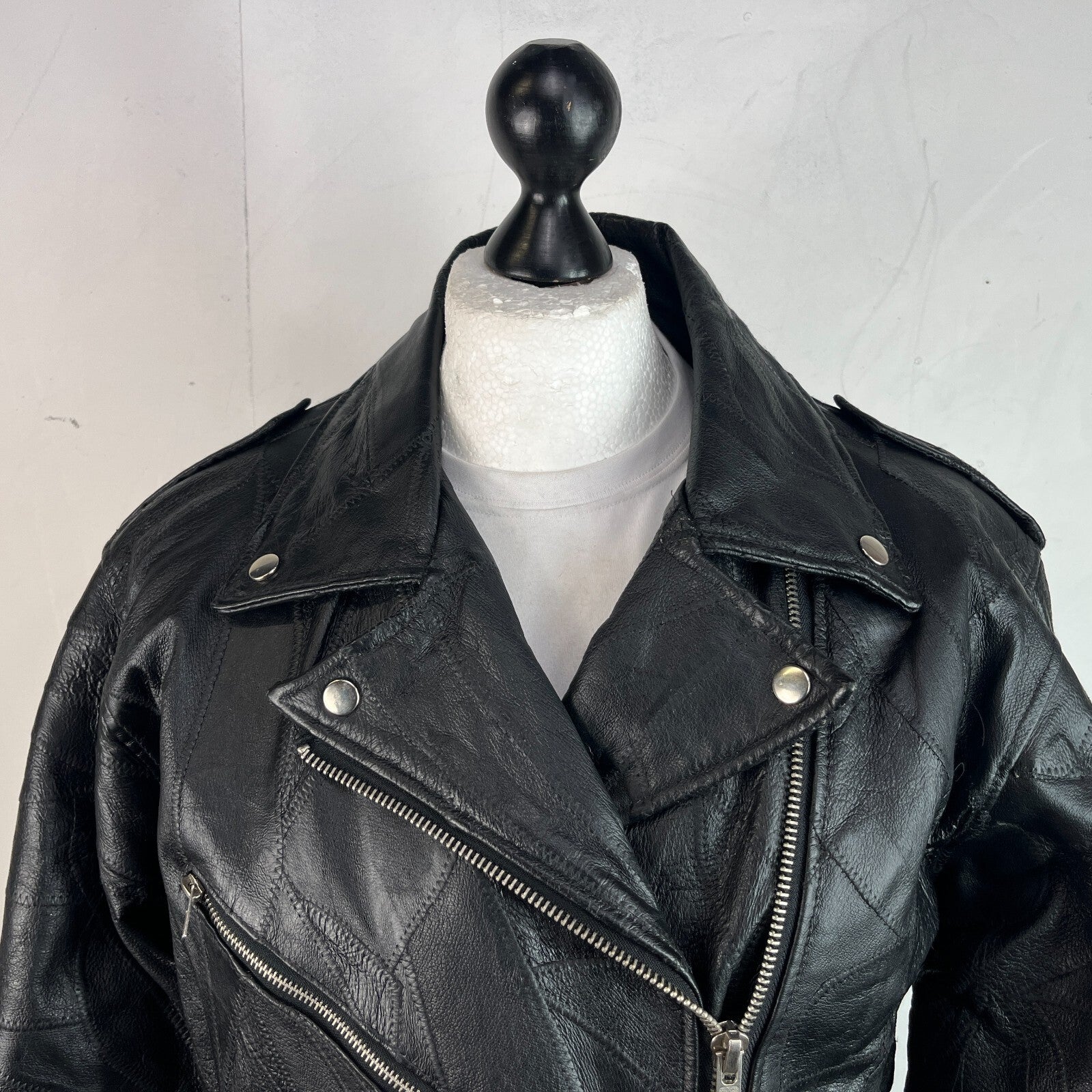 Flight Path Black Patchwork Leather Motorcycle Jacket Cruiser Biker size Large