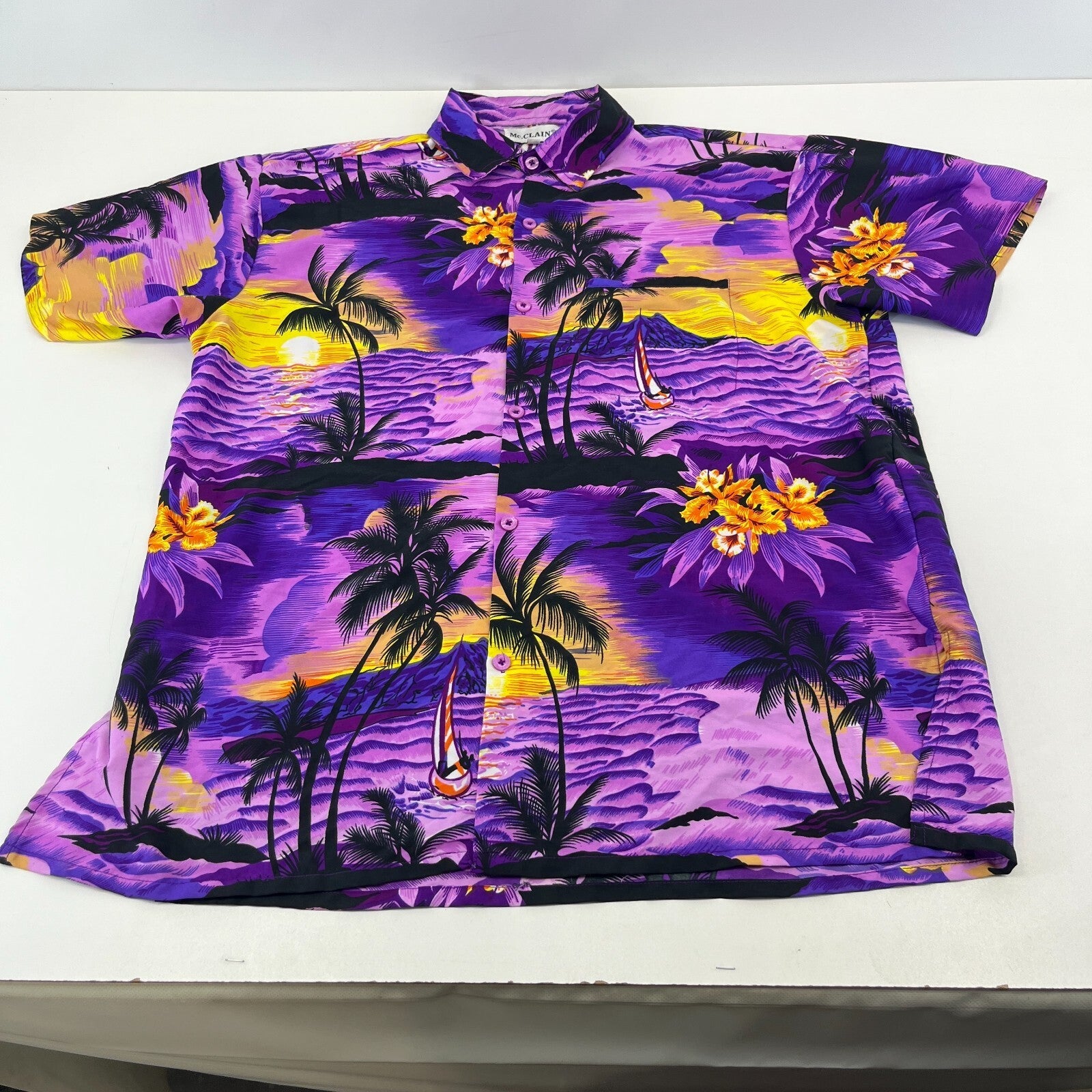 McClain Purple Floral Mens Hawaiian Shirt Designer Holiday Short Sleeve size L