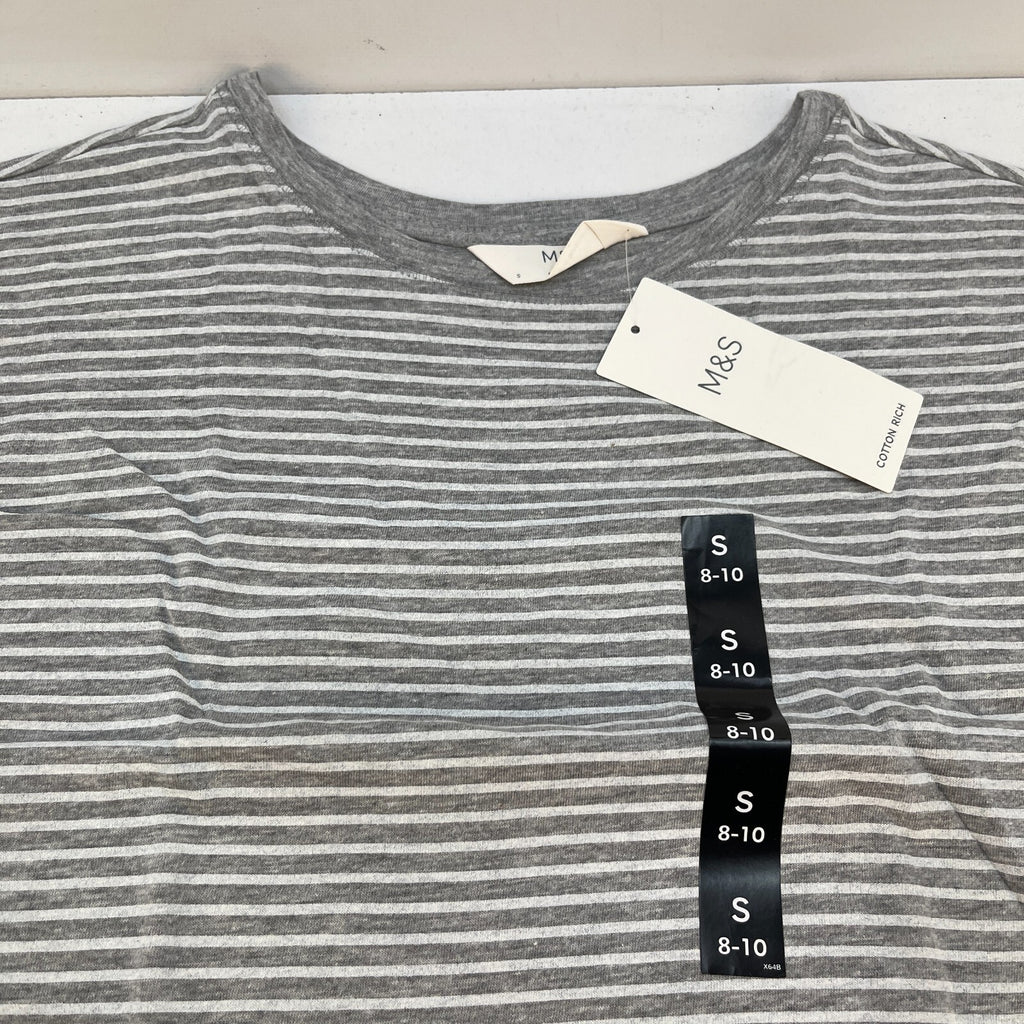 M&S Ladies Pyjama Set UK S 8-10 Grey Striped Long Leg Short Sleeve New