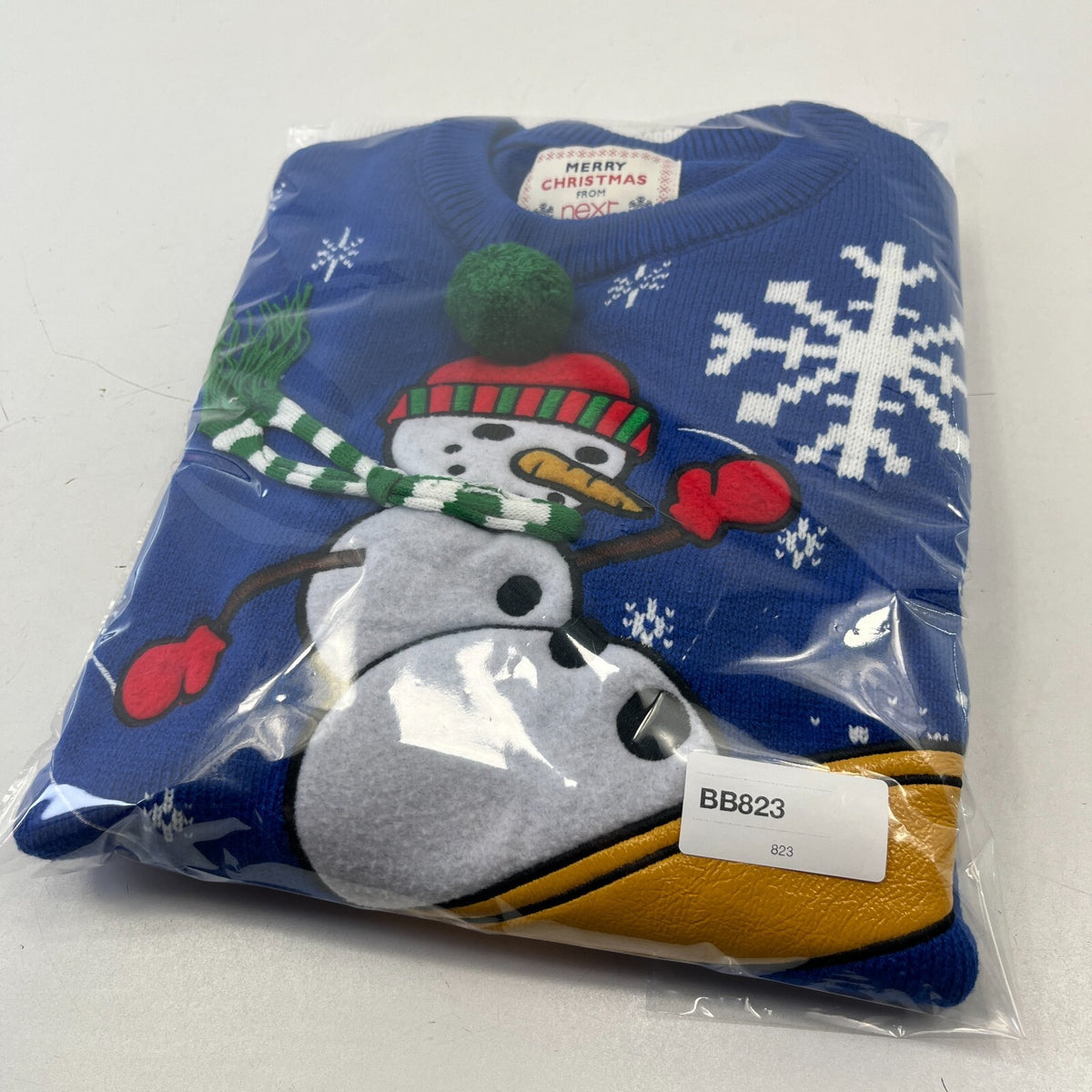 Next Snowman on a Snowboard Christmas Jumper size Small Unisex - Blue/White