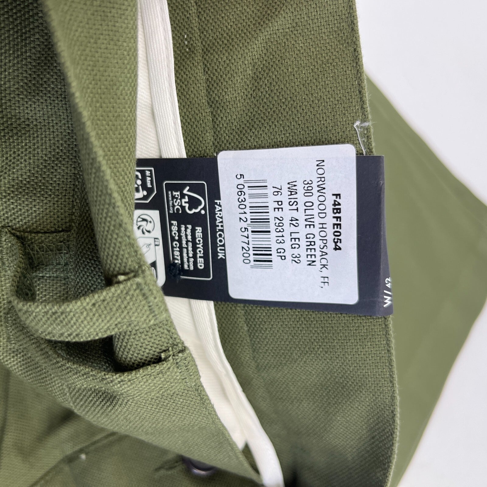Farah Norwood Hopsack 100% Cotton Trousers Regular Fit W42" L32" Olive Green