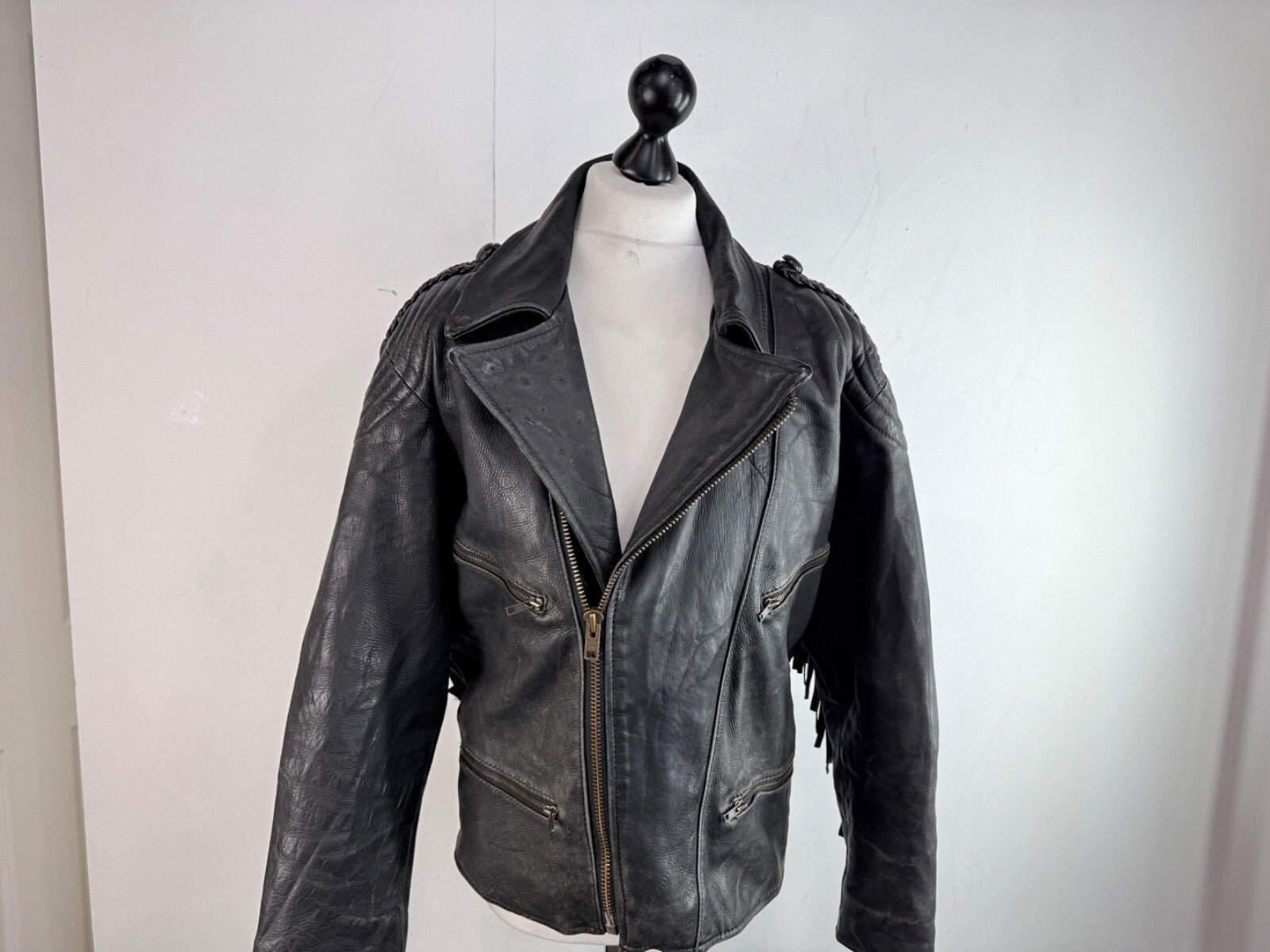 Vintage Difi of Germany Tasselled Leather Jacket Black Cruiser Cafe Racer UK 42