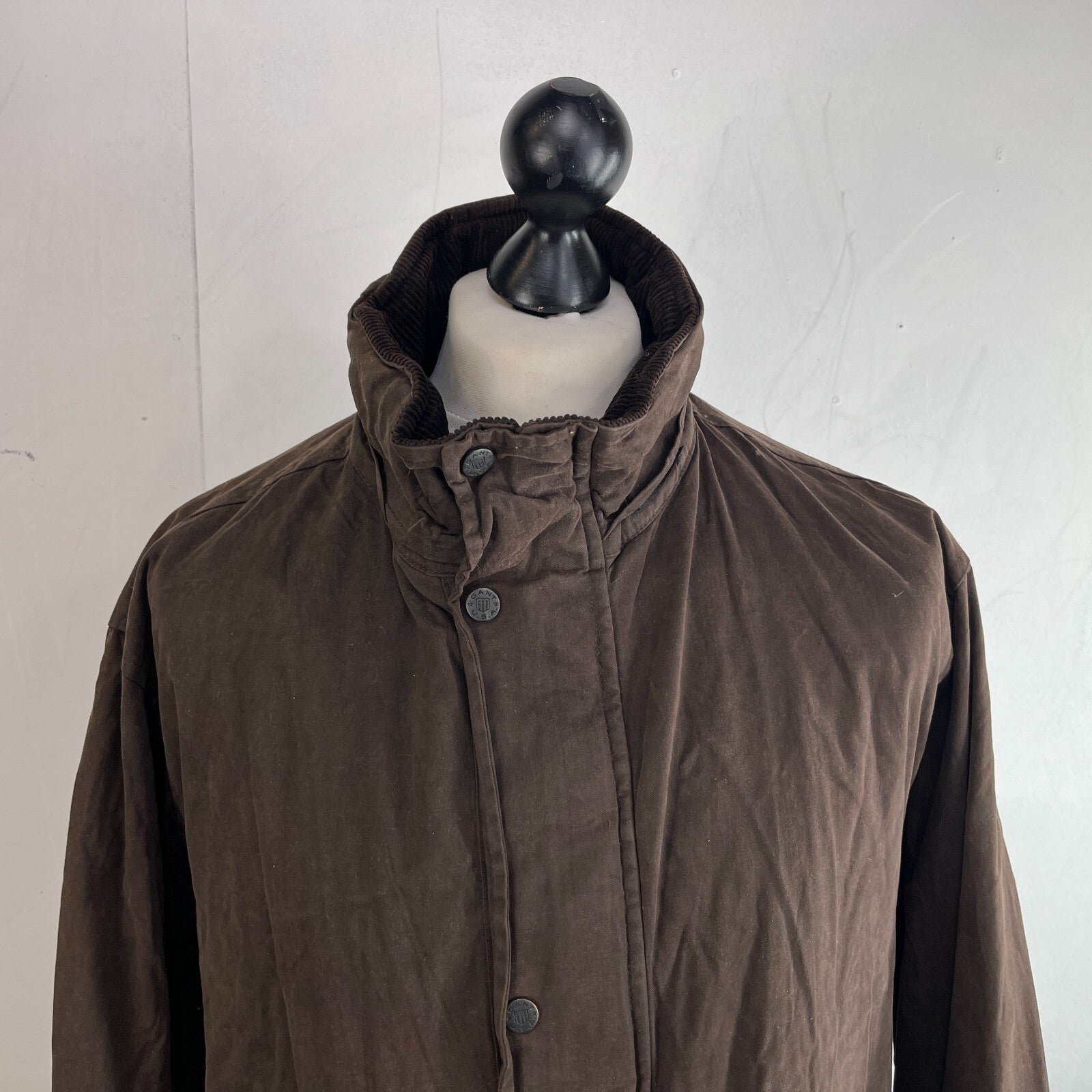 Gant Waxed Cotton Blend Field Jacket Wax Cord Collar Dark Brown Mens Large