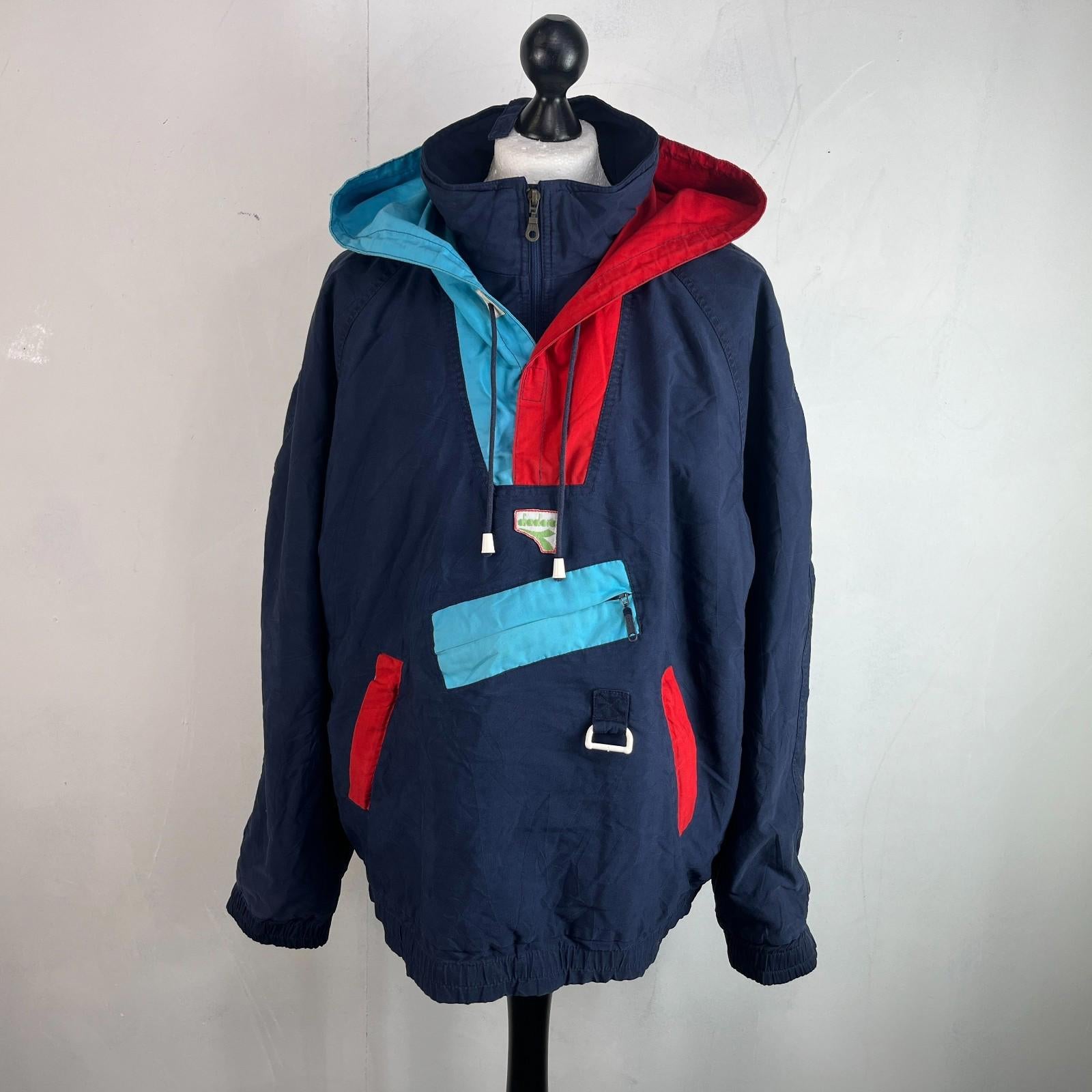 Vintage Rare Diadora 80’s Quarter Zip Pullover Jacket Top Retro Blue/Red size XL