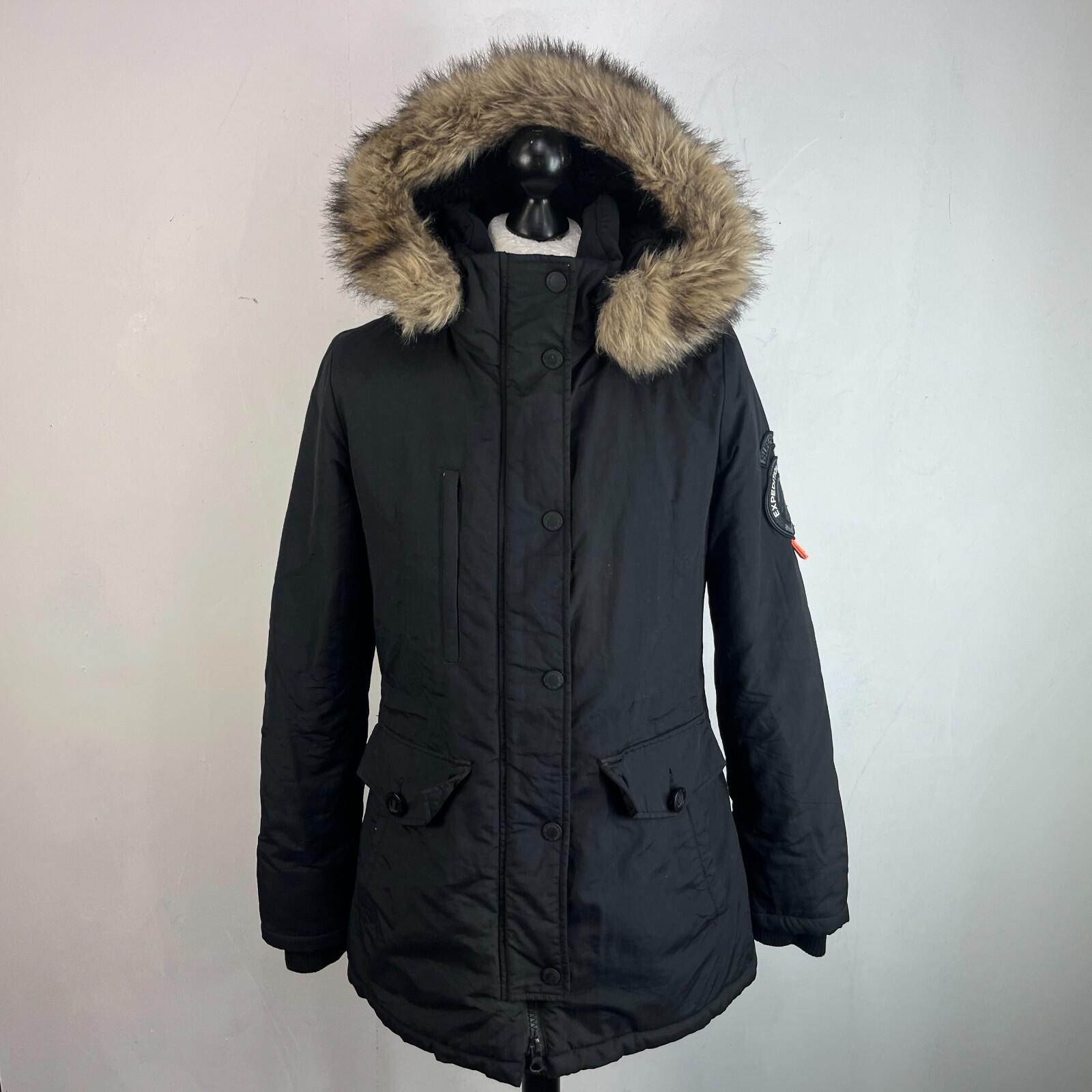 Superdry Everest Mountain Parka in Black with Fur Fringe Hood UK Women's size 12